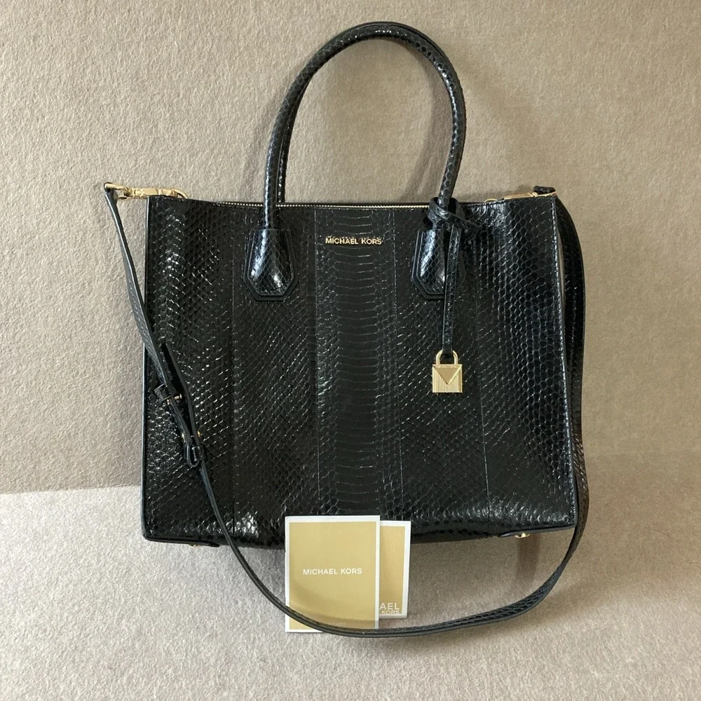 MICHAEL KORS Mercer Large Convertible Black Genuine Snakeskin Tote Shoulder Bag